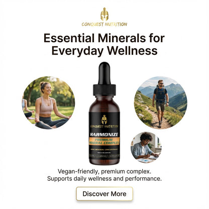 Advertisement for Conquest Nutrition Harmonize herbal complex with lifestyle images and product bottle.