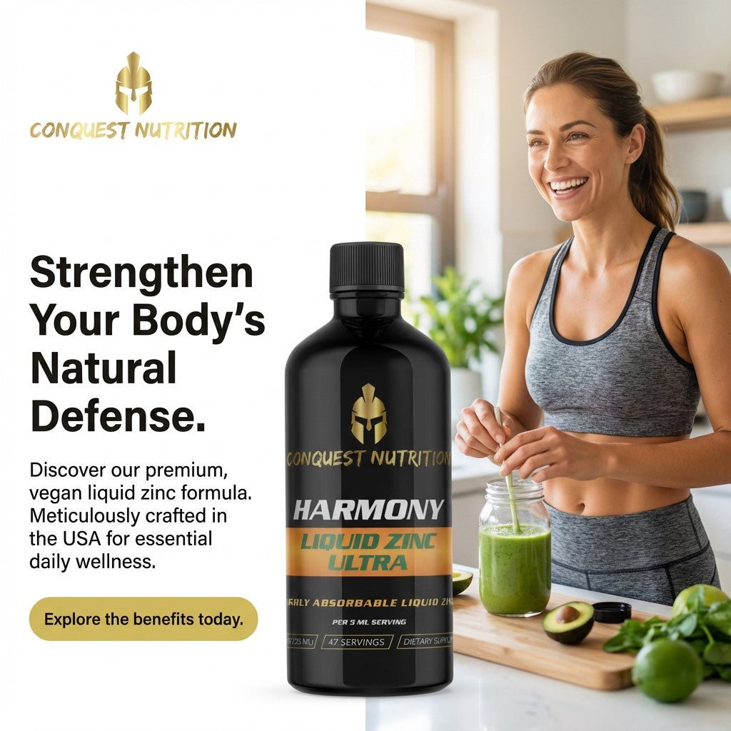 Woman in athletic wear preparing a green smoothie next to a bottle of Conquest Nutrition Harmony Liquid Zinc Ultra.
