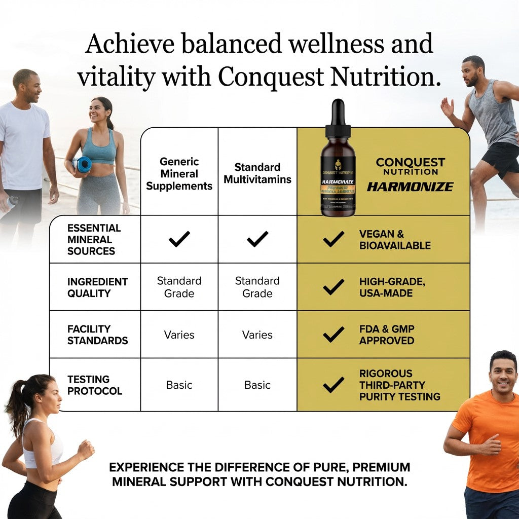 Advertisement for Conquest Nutrition Harmonize highlighting its benefits over generic mineral supplements and standard multivitamins.