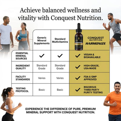 Advertisement for Conquest Nutrition Harmonize highlighting its benefits over generic mineral supplements and standard multivitamins.