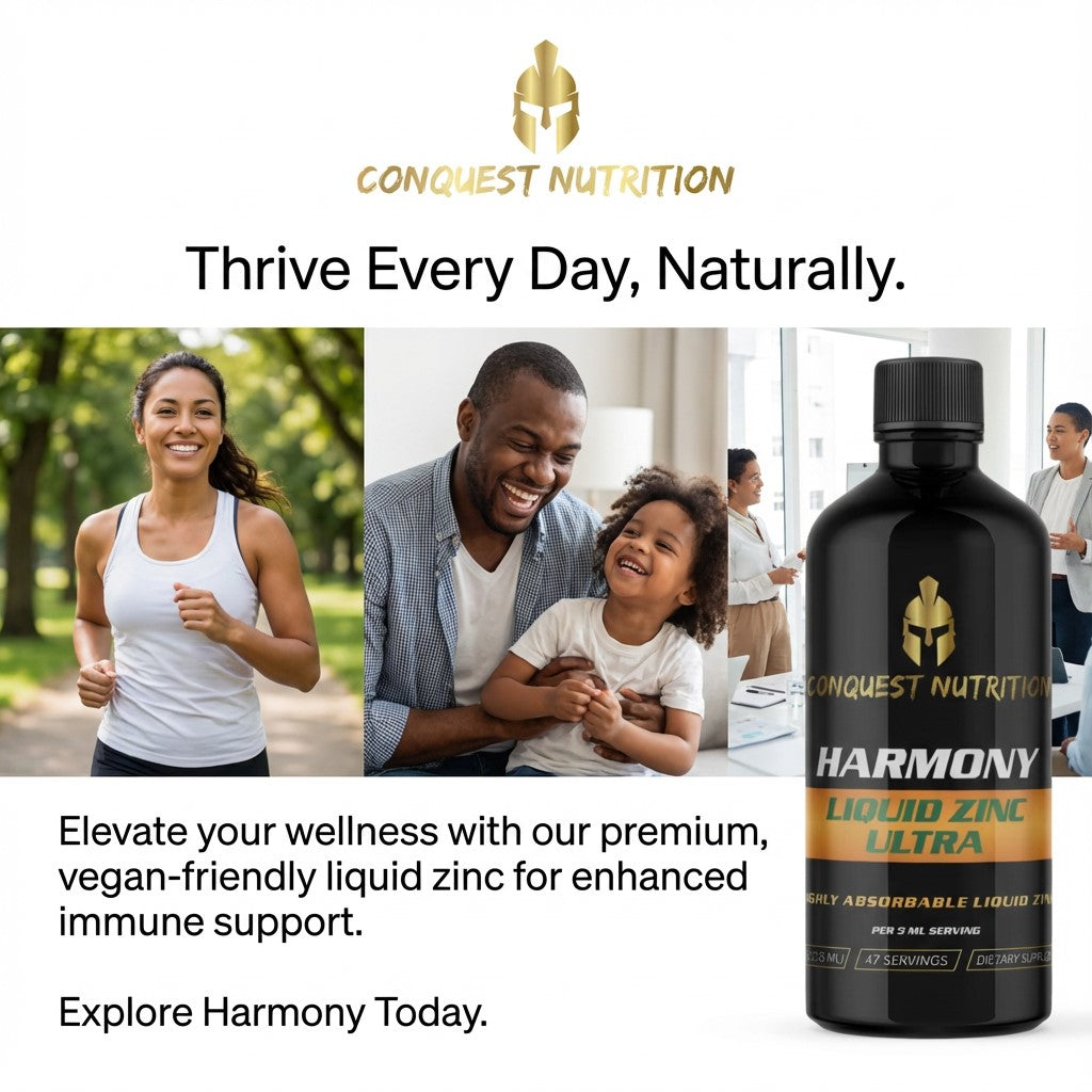 Conquest Nutrition Harmony Liquid Zinc Ultra bottle with lifestyle images of a woman running, a man and child smiling, and a family in a kitchen.