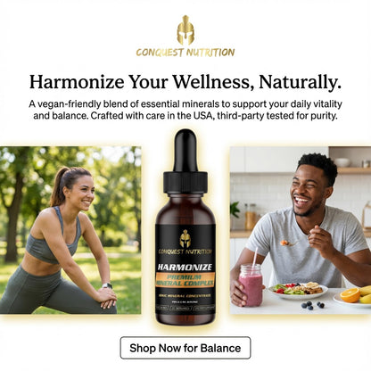 Advertisement for Conquest Nutrition Harmonize product with lifestyle images and text.