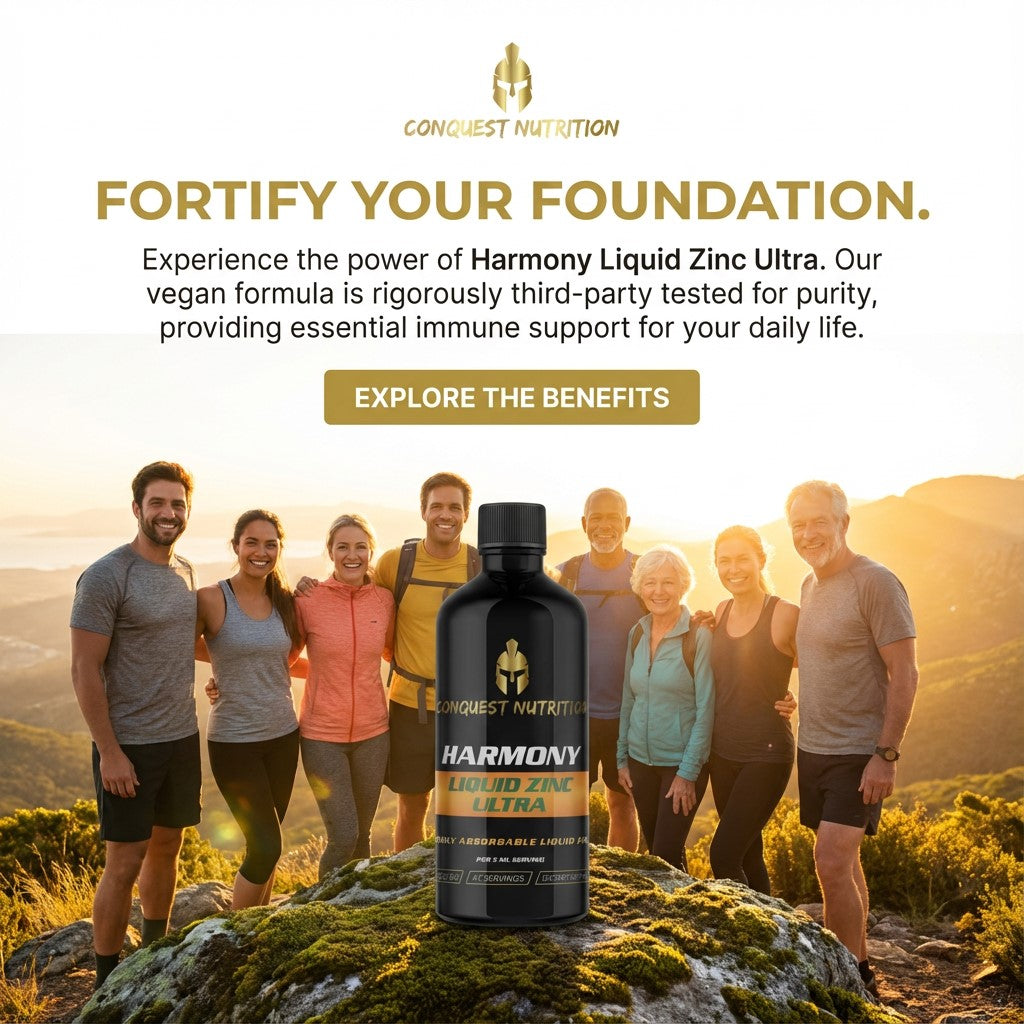 Harmony Liquid Zinc Ultra bottle with people in the background on a mountain at sunset, featuring Conquest Nutrition branding.