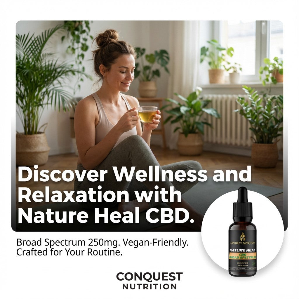 Woman holding a cup in a room with plants, promoting Nature Heal CBD with an inset of the product.