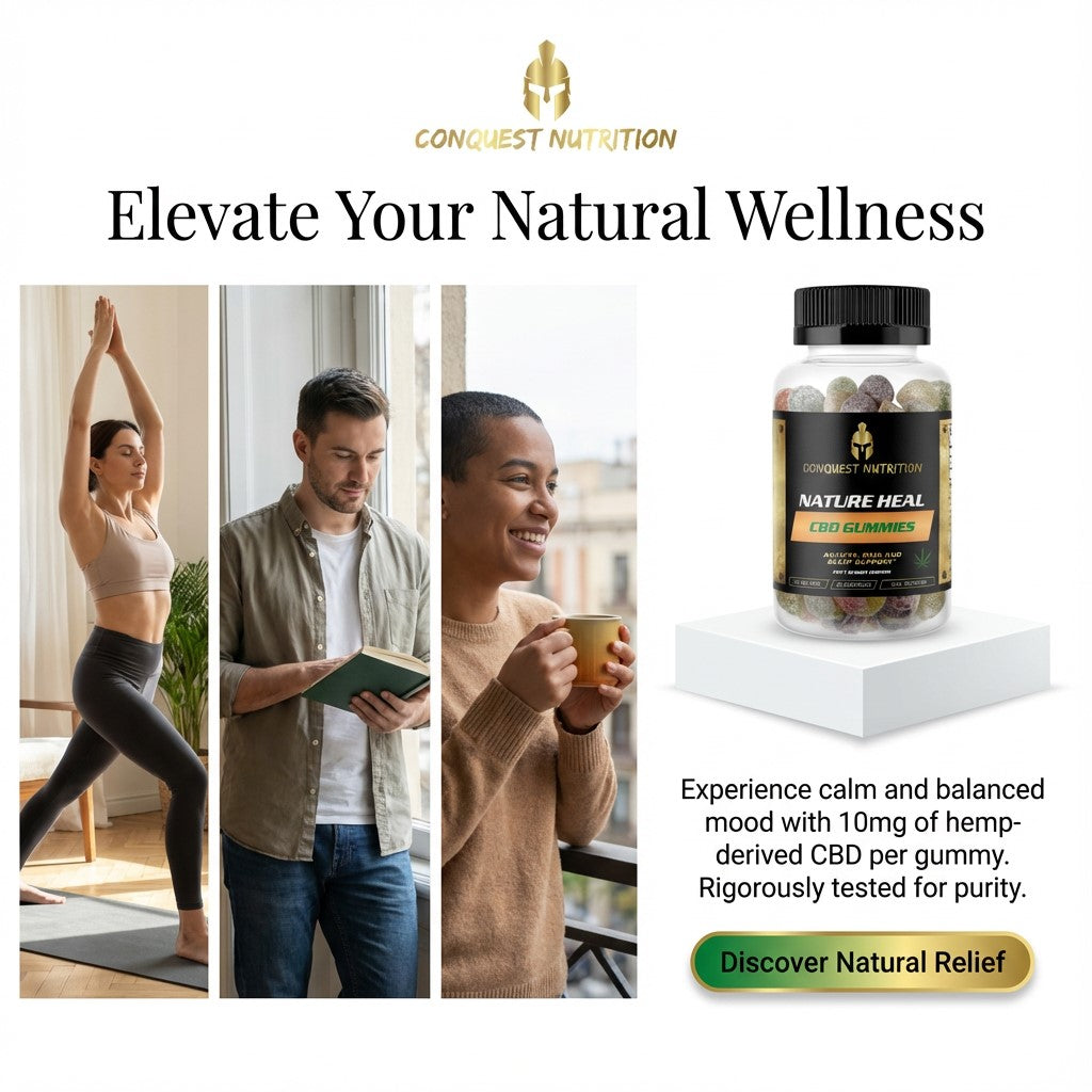 Advertisement for Conquest Nutrition CBD gummies with lifestyle images and product packaging.
