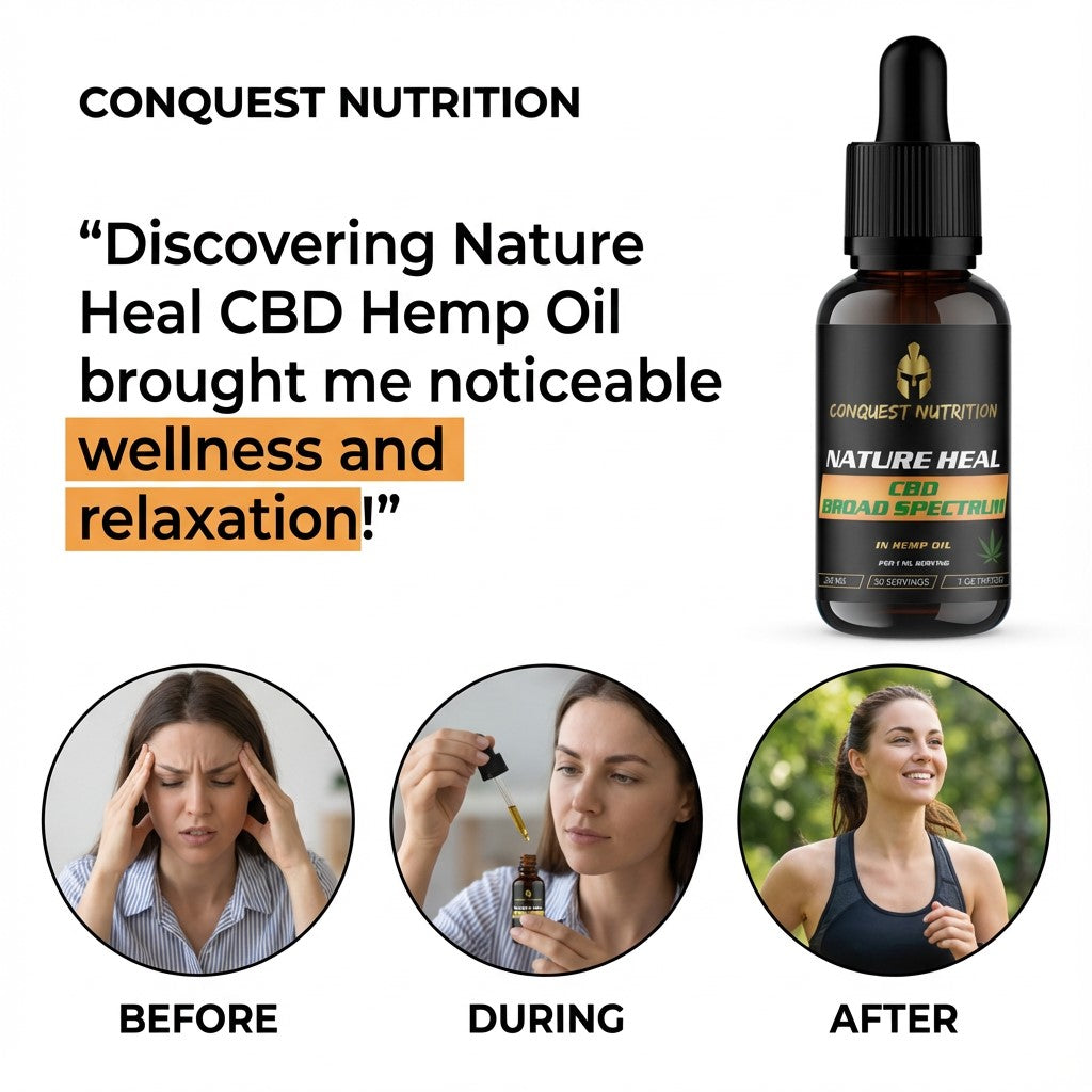 Conquest Nutrition CBD Hemp Oil bottle with before, during, and after effects on a woman.