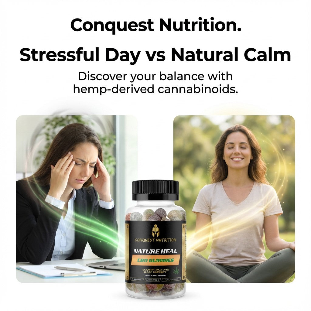 Advertisement for Conquest Nutrition products showing a stressed woman and a calm woman with a bottle of Nature Heal Gummies.