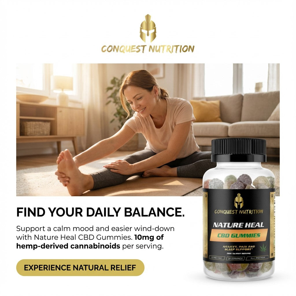 Woman stretching in a living room with Conquest Nutrition CBD gummies packaging.