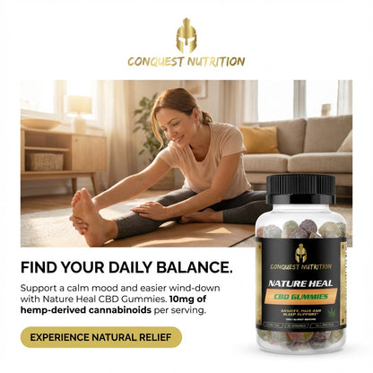 Woman stretching in a living room with Conquest Nutrition CBD gummies packaging.