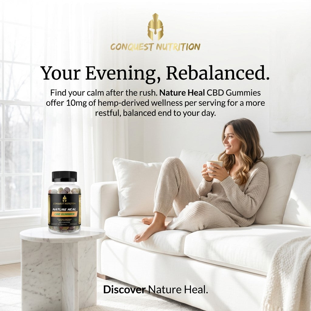 Woman relaxing on a couch with a bottle of Nature Heal CBD Gummies, promoting wellness and calm.