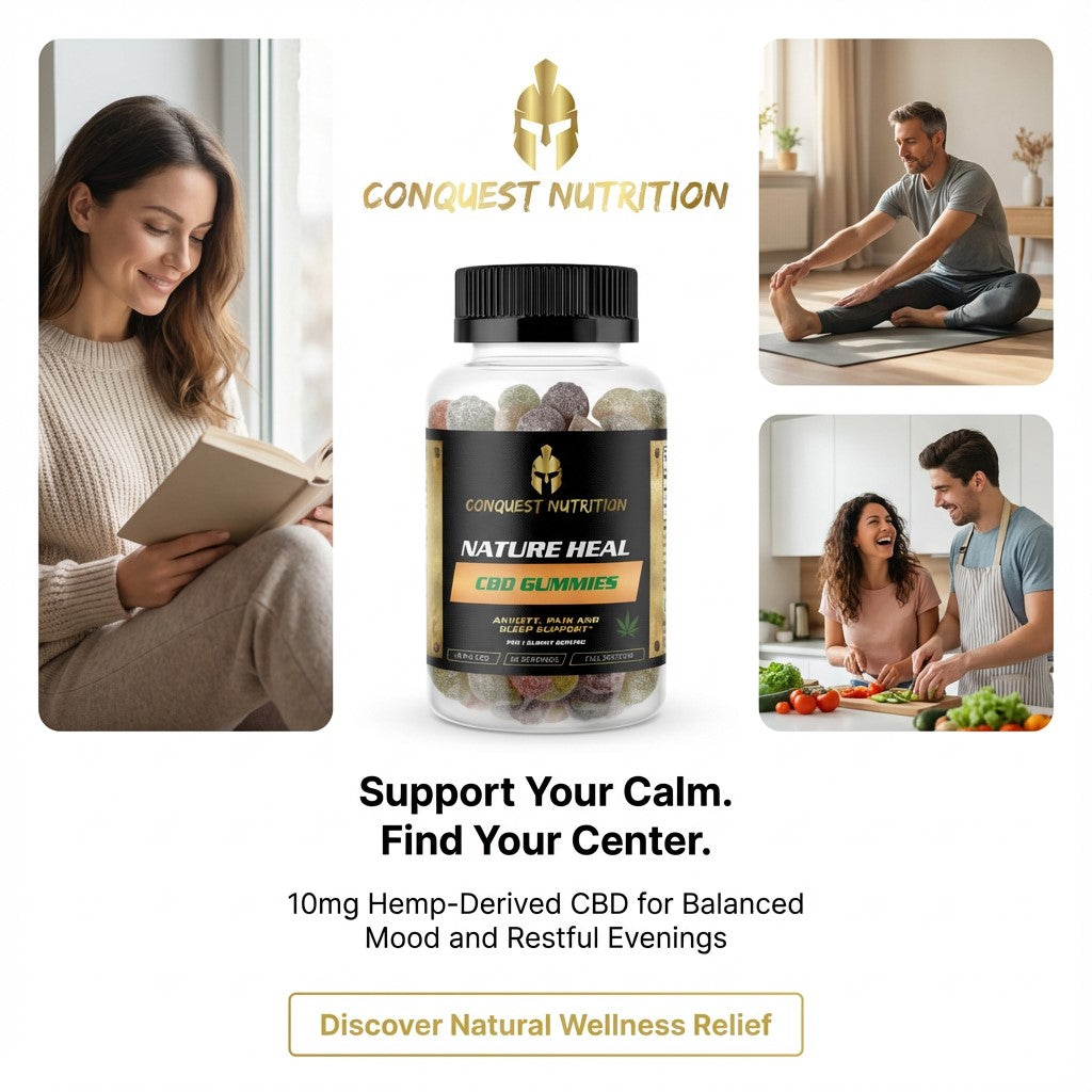Conquest Nutrition CBD Gummies advertisement with lifestyle images and product packaging.