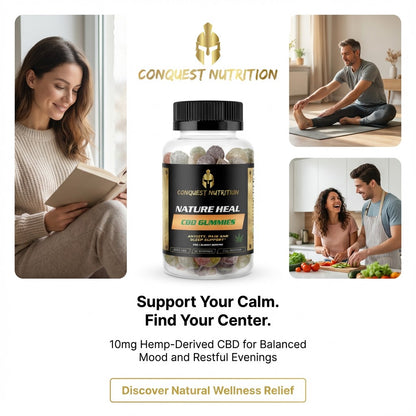 Conquest Nutrition CBD Gummies advertisement with lifestyle images and product packaging.