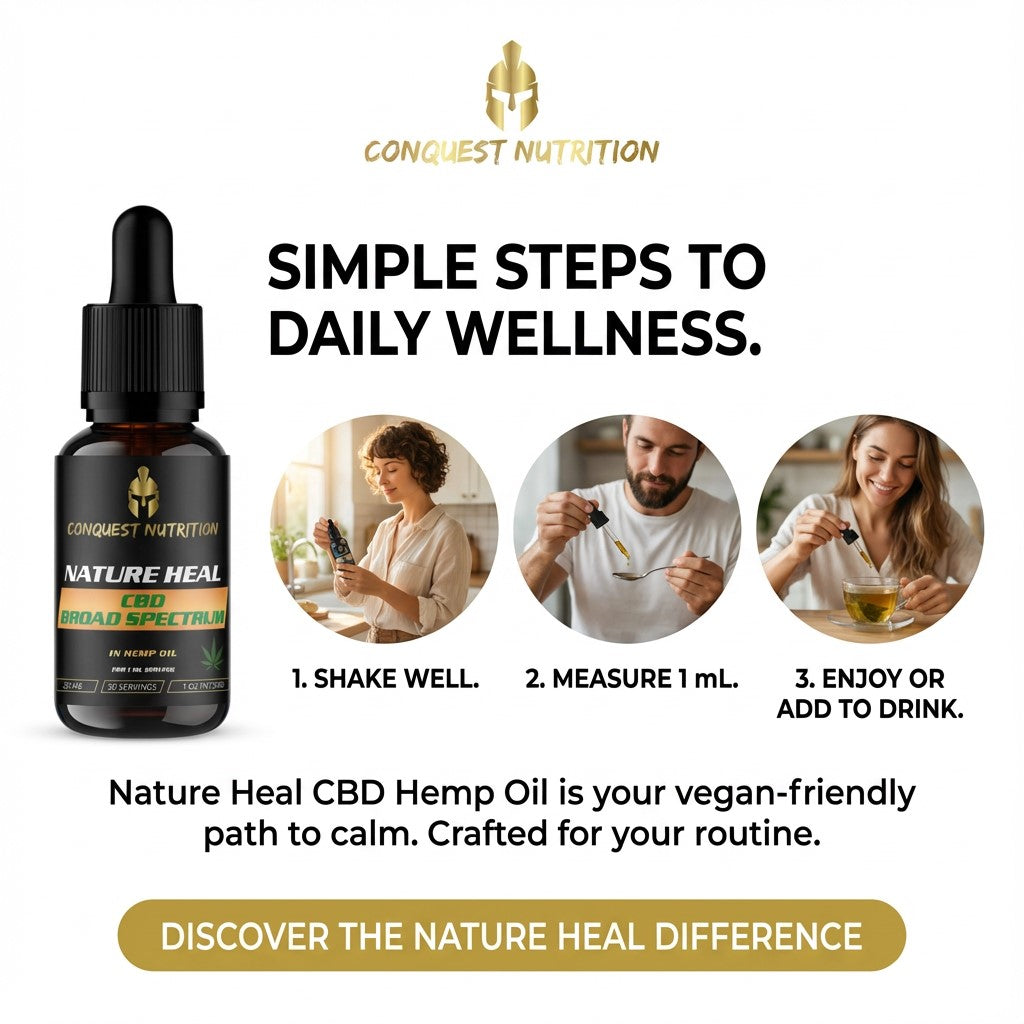 Conquest Nutrition CBD Hemp Oil advertisement with step-by-step guide and product display.