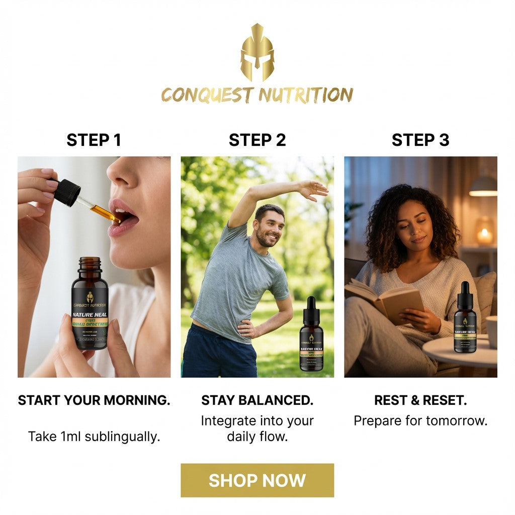 Conquest Nutrition product usage guide with three steps and a 'Shop Now' button.