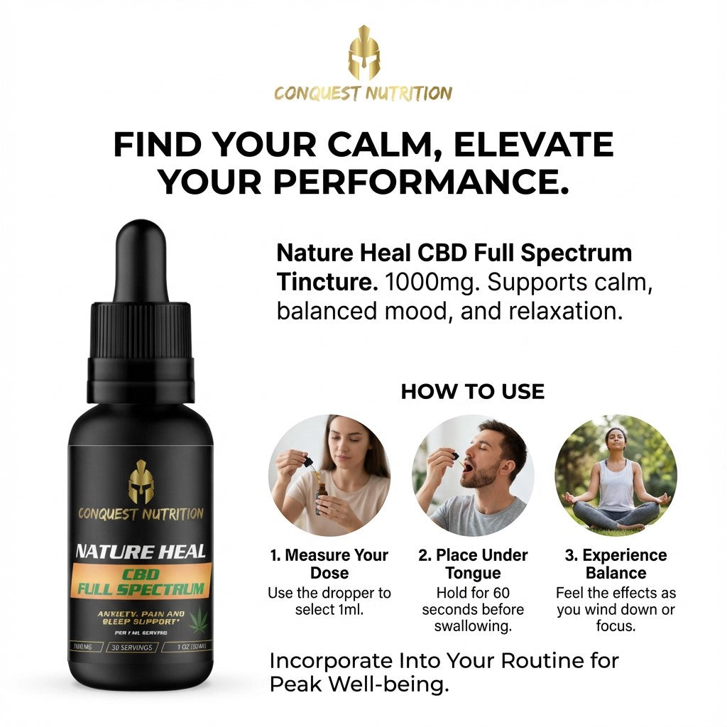 CBD tincture bottle with usage instructions and branding on a white background