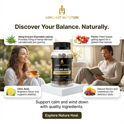 Advertisement for Conquest Nutrition CBD gummies with a couple sitting outdoors, holding tea and a book.