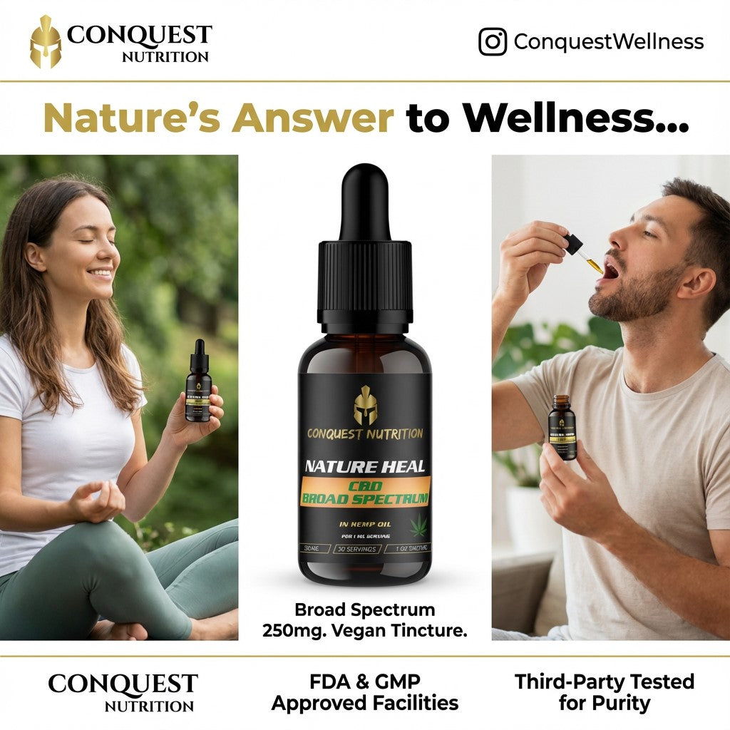 Advertisement for Conquest Nutrition CBD product with two people using the product.