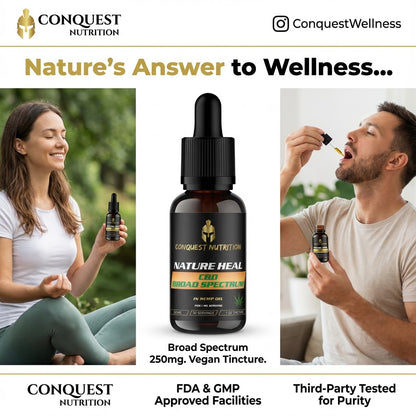 Advertisement for Conquest Nutrition CBD product with two people using the product.