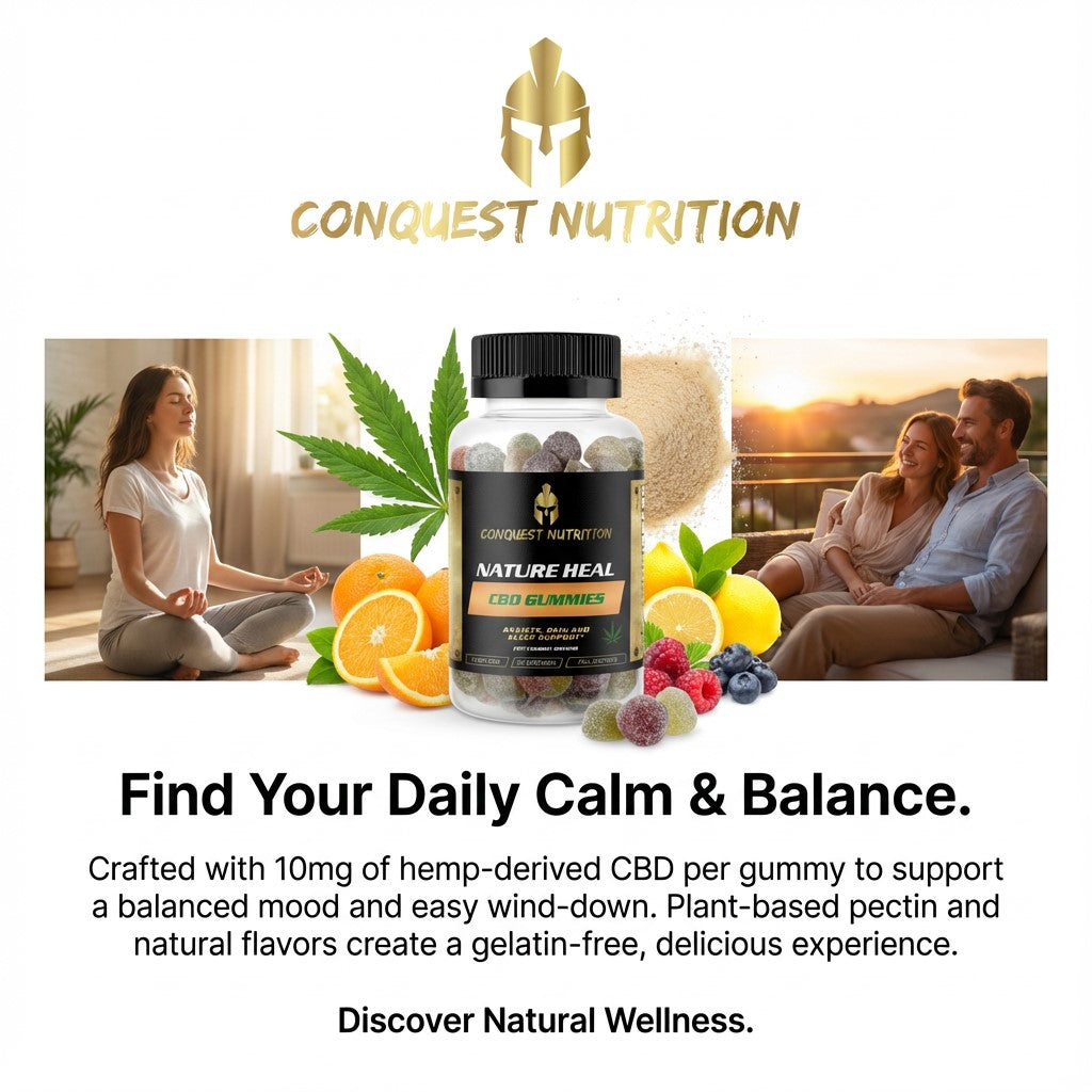 Conquest Nutrition CBD gummies advertisement with people enjoying a healthy lifestyle.