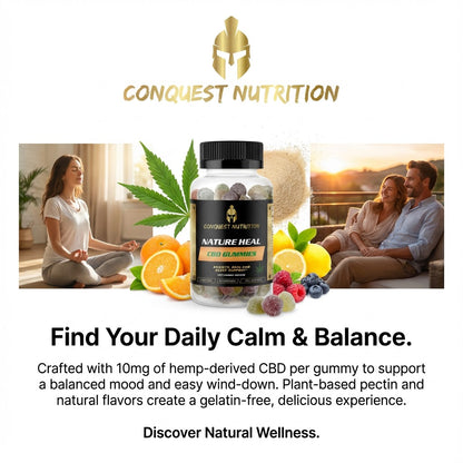 Conquest Nutrition CBD gummies advertisement with people enjoying a healthy lifestyle.