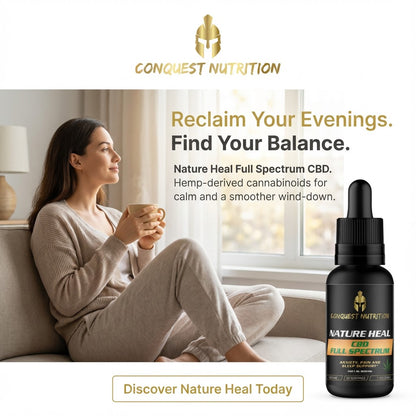 Woman sitting on a couch with a cup, next to a bottle of Conquest Nutrition CBD product.