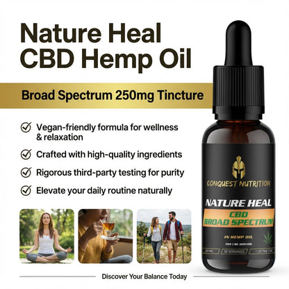 Nature Heal CBD Hemp Oil bottle with product details on a white background