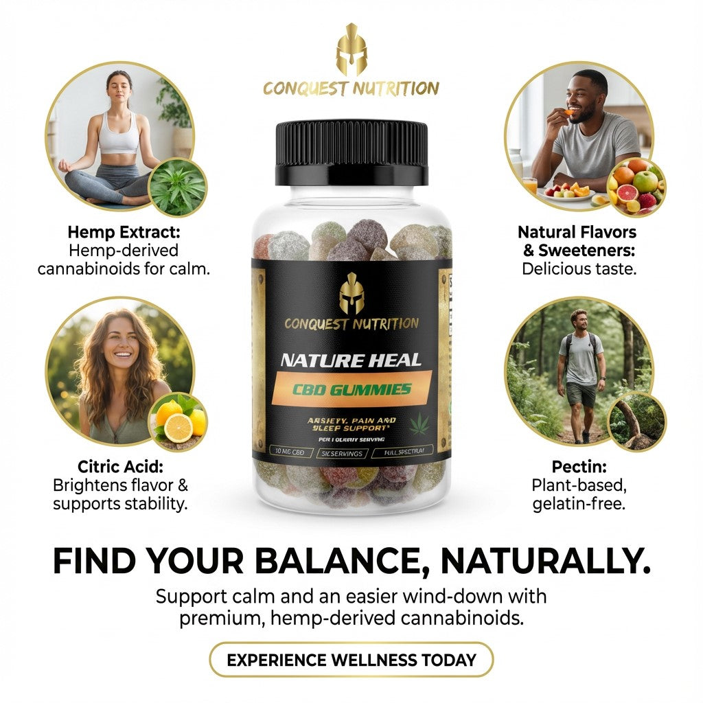 Conquest Nutrition Nature Heal CBD Gummies packaging with product details and promotional text.
