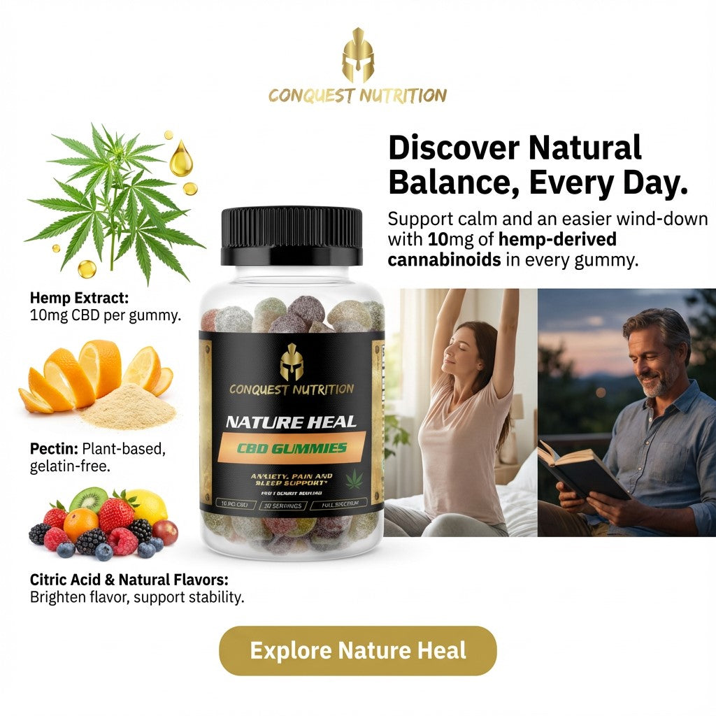 Advertisement for Conquest Nutrition CBD gummies with product packaging and lifestyle images.
