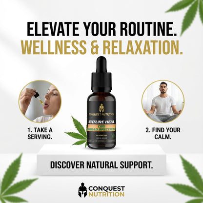 Advertisement for Conquest Nutrition CBD product with text 'Elevate Your Routine. Wellness & Relaxation.