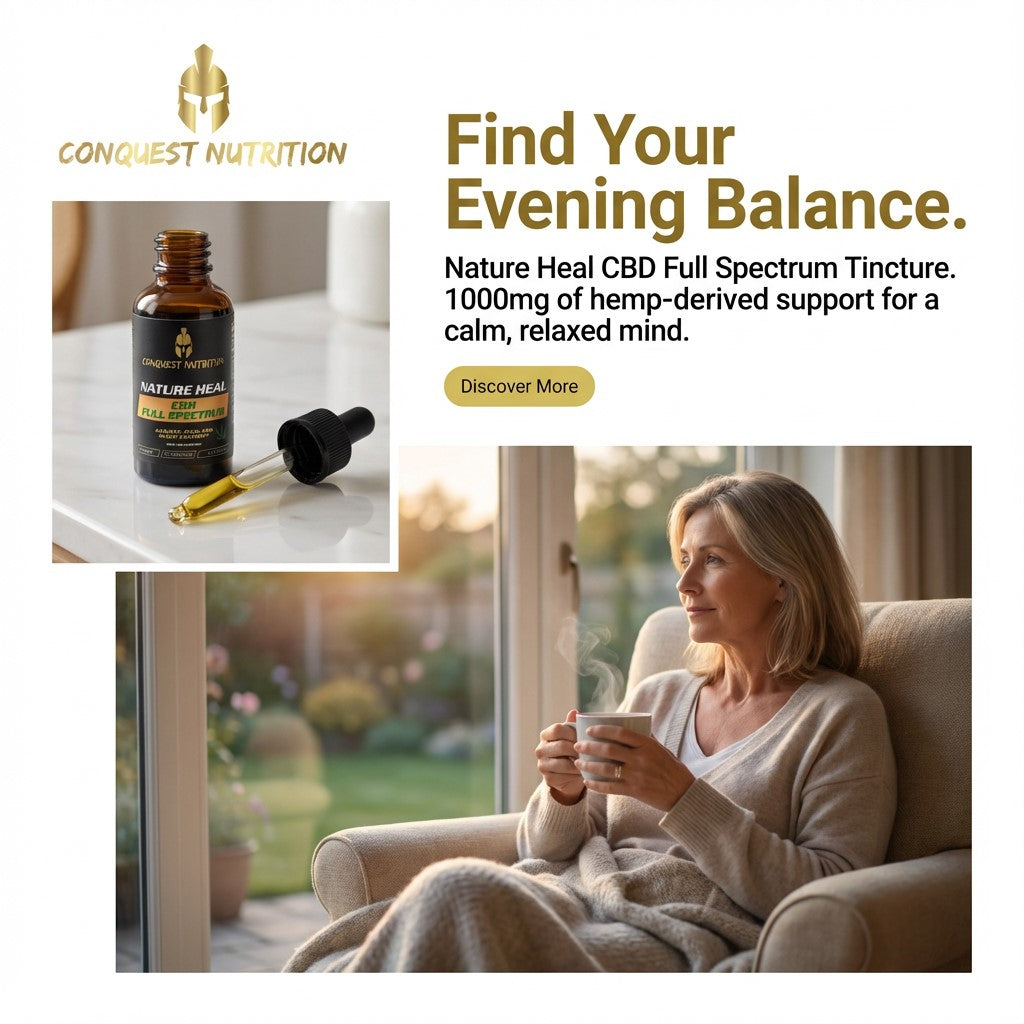 Advertisement for Conquest Nutrition Nature Heal CBD Full Spectrum Tincture with a woman relaxing on a couch.