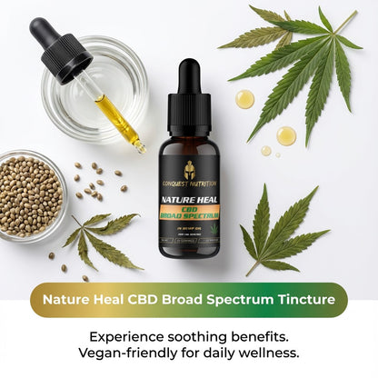 CBD tincture bottle with cannabis leaves and seeds on a white background