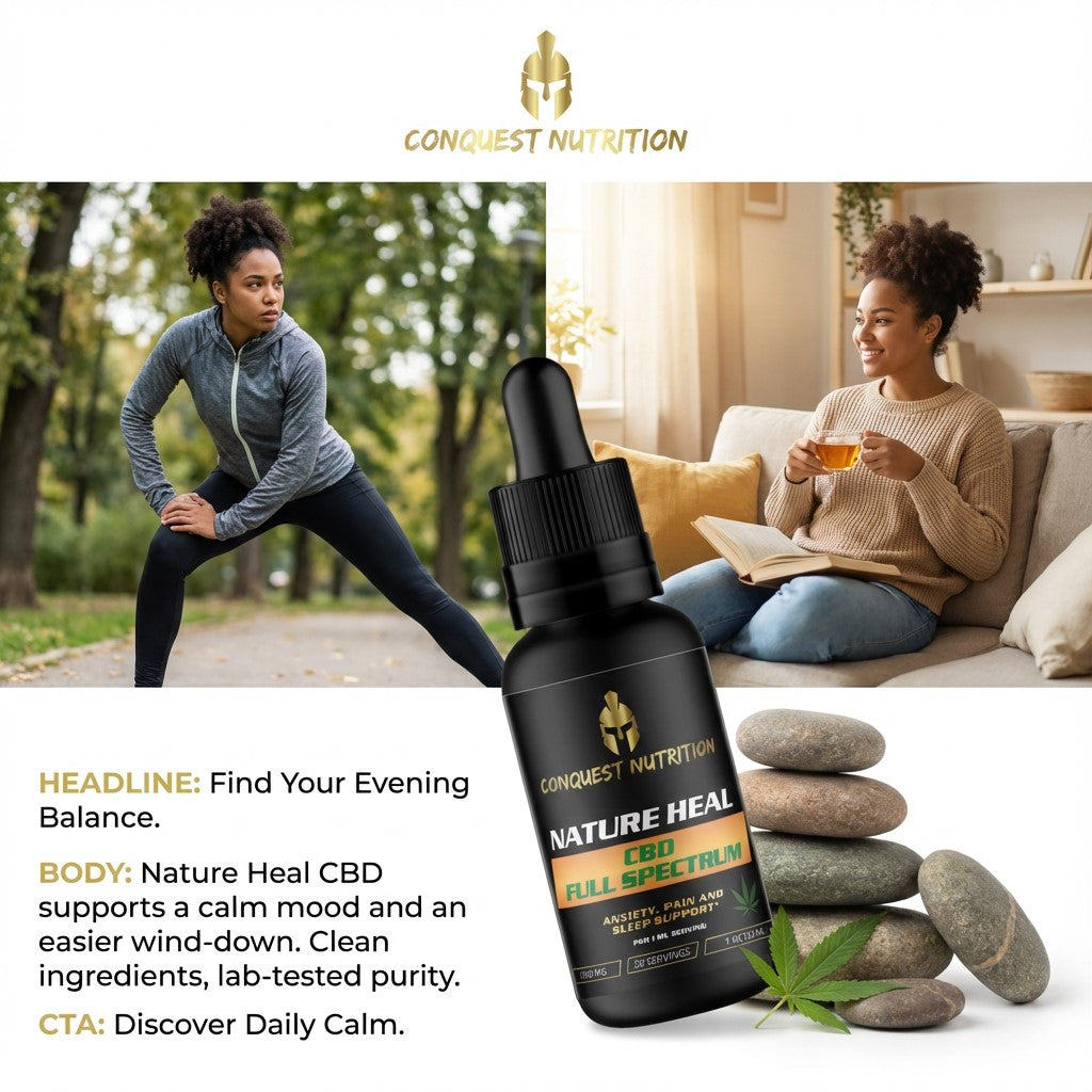 Conquest Nutrition CBD product with lifestyle images of a woman exercising and another reading, featuring the brand logo.