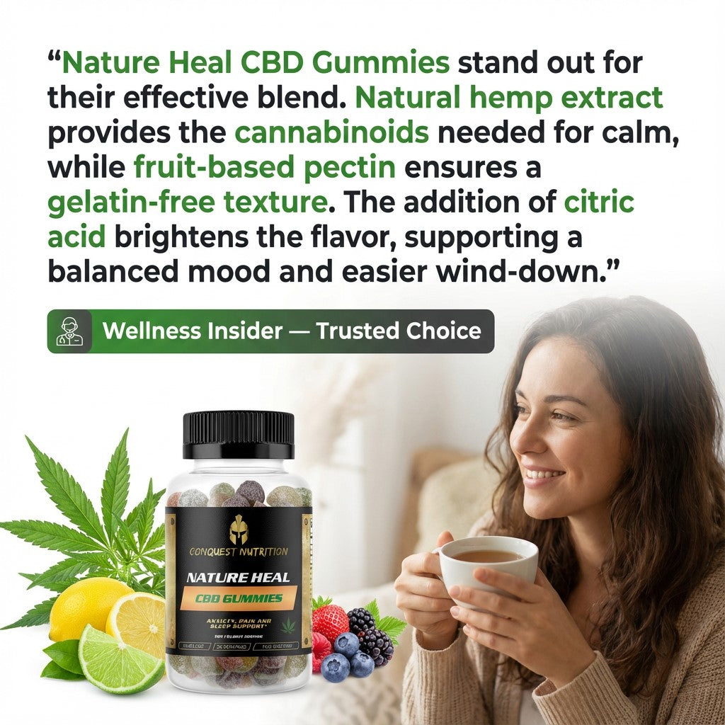 Nature Heal CBD Gummies with a woman holding a cup of tea and wellness-related text.