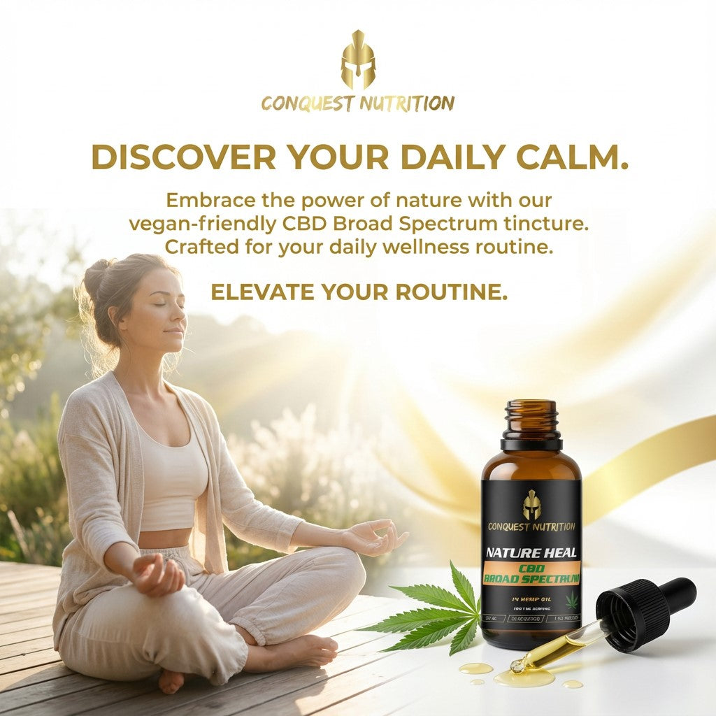 Person meditating with Conquest Nutrition CBD tincture and dropper on a wooden surface.