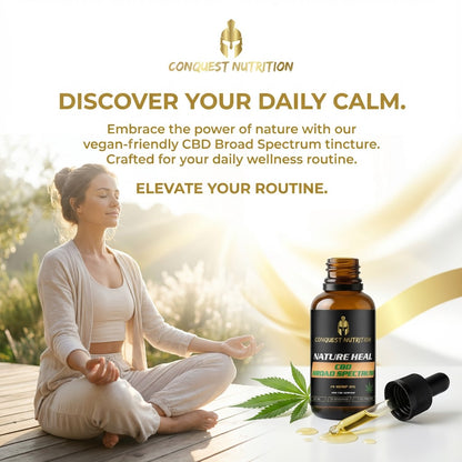 Person meditating with Conquest Nutrition CBD tincture and dropper on a wooden surface.