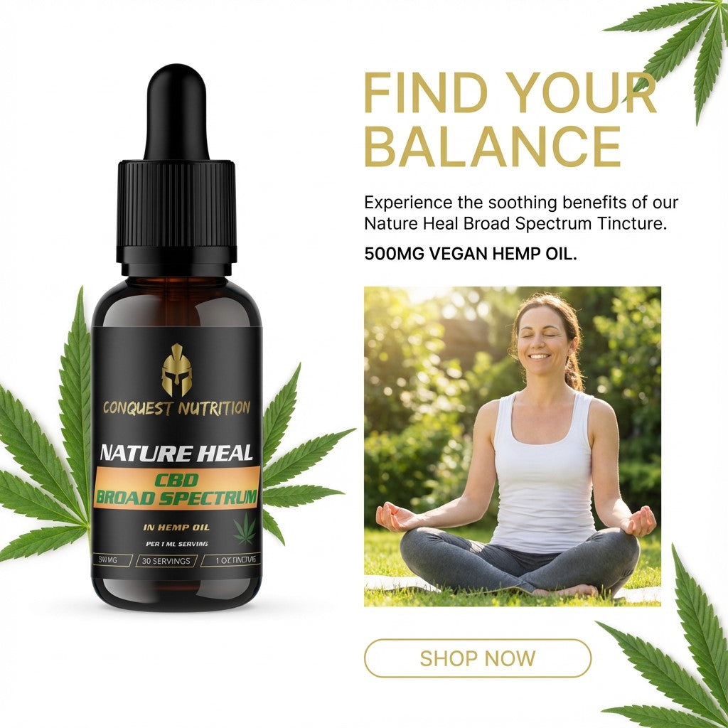 CBD tincture bottle with promotional text and a person meditating outdoors.