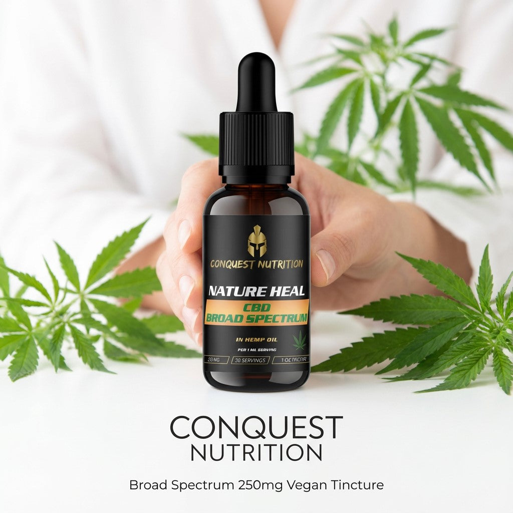 Bottle of Conquest Nutrition Nature Heal CBD Broad Spectrum tincture held by a hand with cannabis leaves in the background.