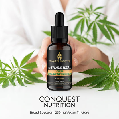 Bottle of Conquest Nutrition Nature Heal CBD Broad Spectrum tincture held by a hand with cannabis leaves in the background.