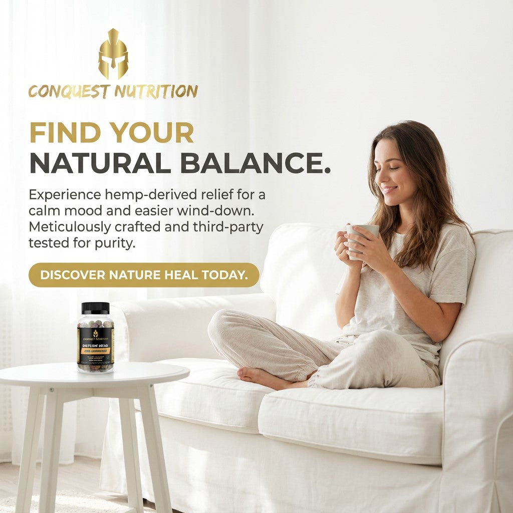Woman sitting on a white couch holding a mug with Conquest Nutrition product and text about hemp-derived relief.