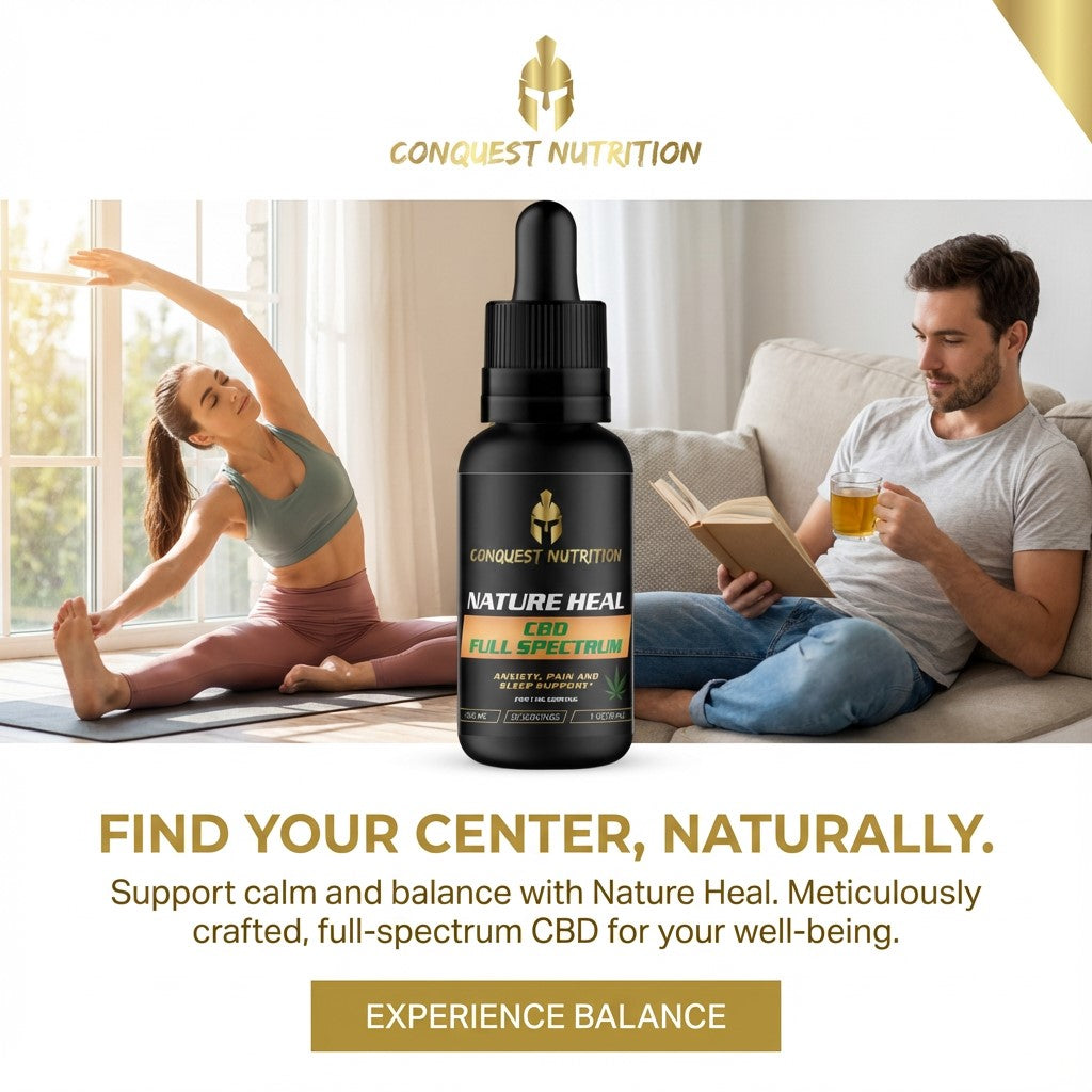 Conquest Nutrition CBD product with a man reading and a woman exercising, promoting well-being.