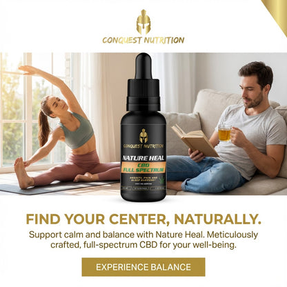 Conquest Nutrition CBD product with a man reading and a woman exercising, promoting well-being.