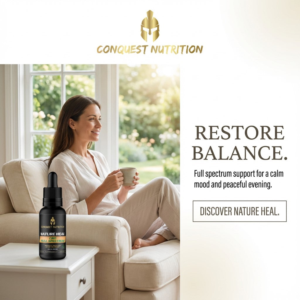 Woman sitting on a couch holding a mug with Conquest Nutrition product and text about restoring balance.