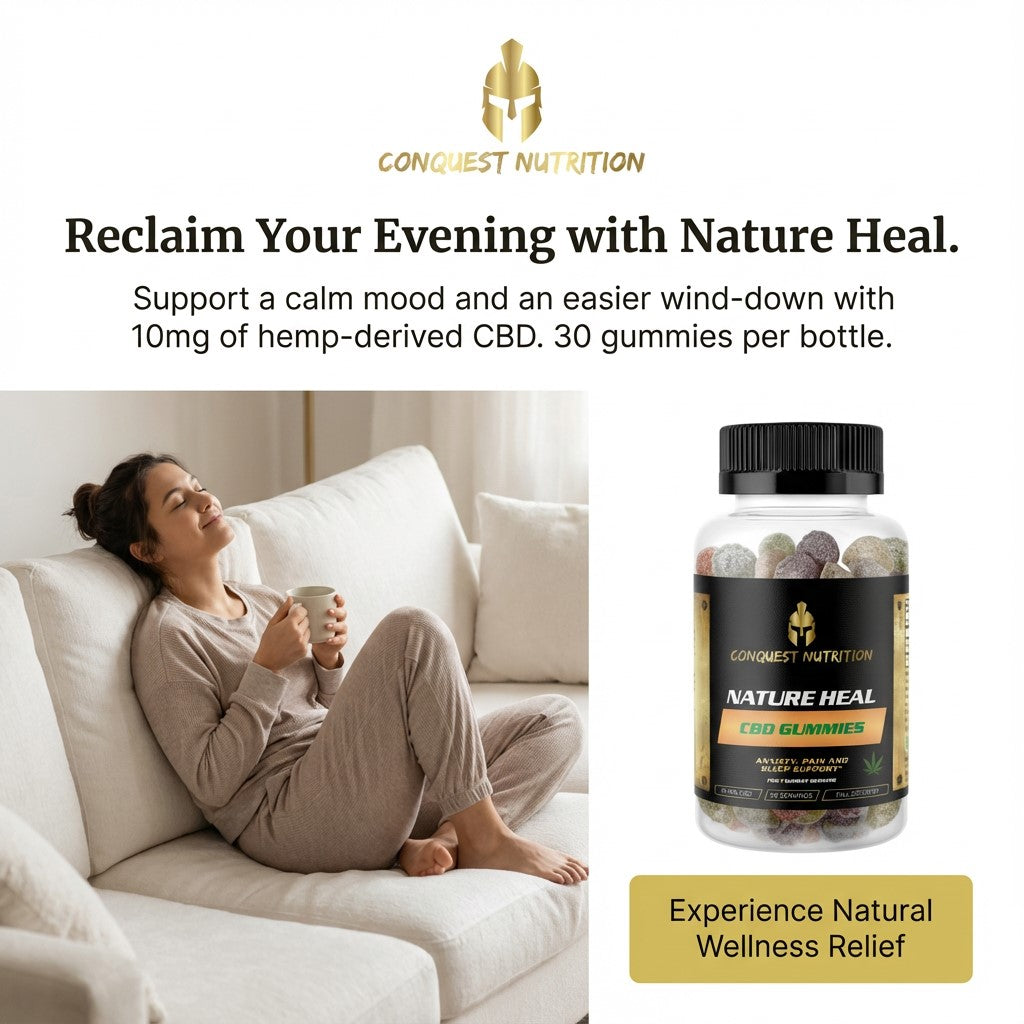 Woman relaxing on a couch with a mug, next to a bottle of Conquest Nutrition CBD gummies.