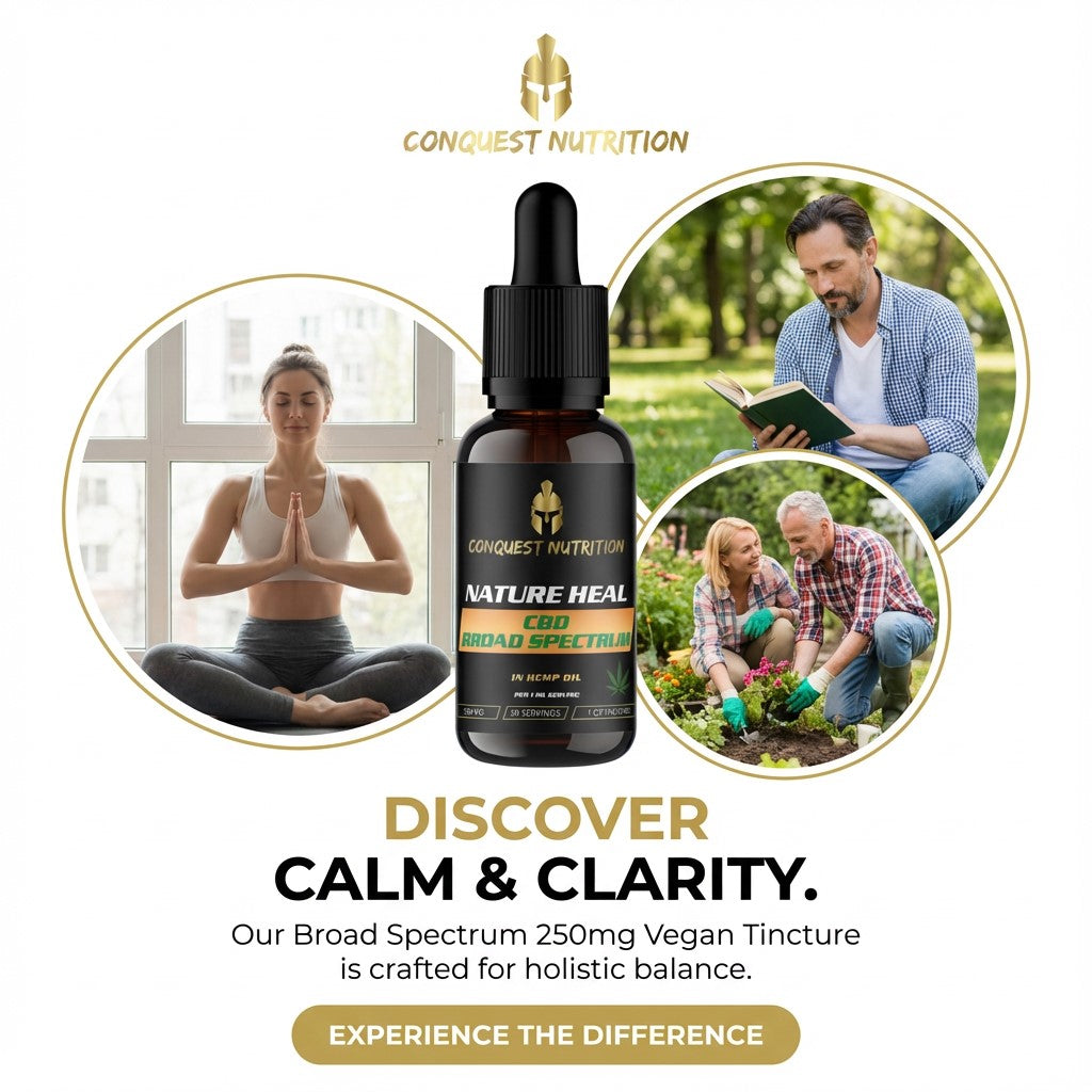 Conquest Nutrition CBD tincture bottle with lifestyle images and text promoting calm and clarity.