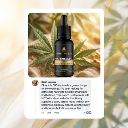CBD tincture bottle with cannabis leaves on a blurred natural background