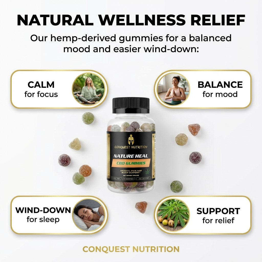 Conquest Nutrition CBD gummies packaging with text on natural wellness relief.