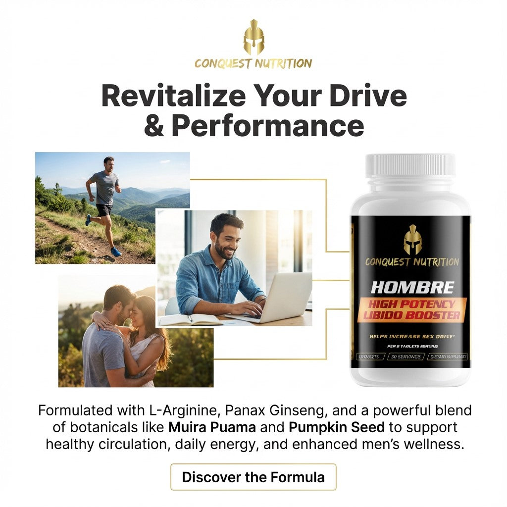 Advertisement for Conquest Nutrition Hombre supplement with text and images of a man running, working, and with a woman.