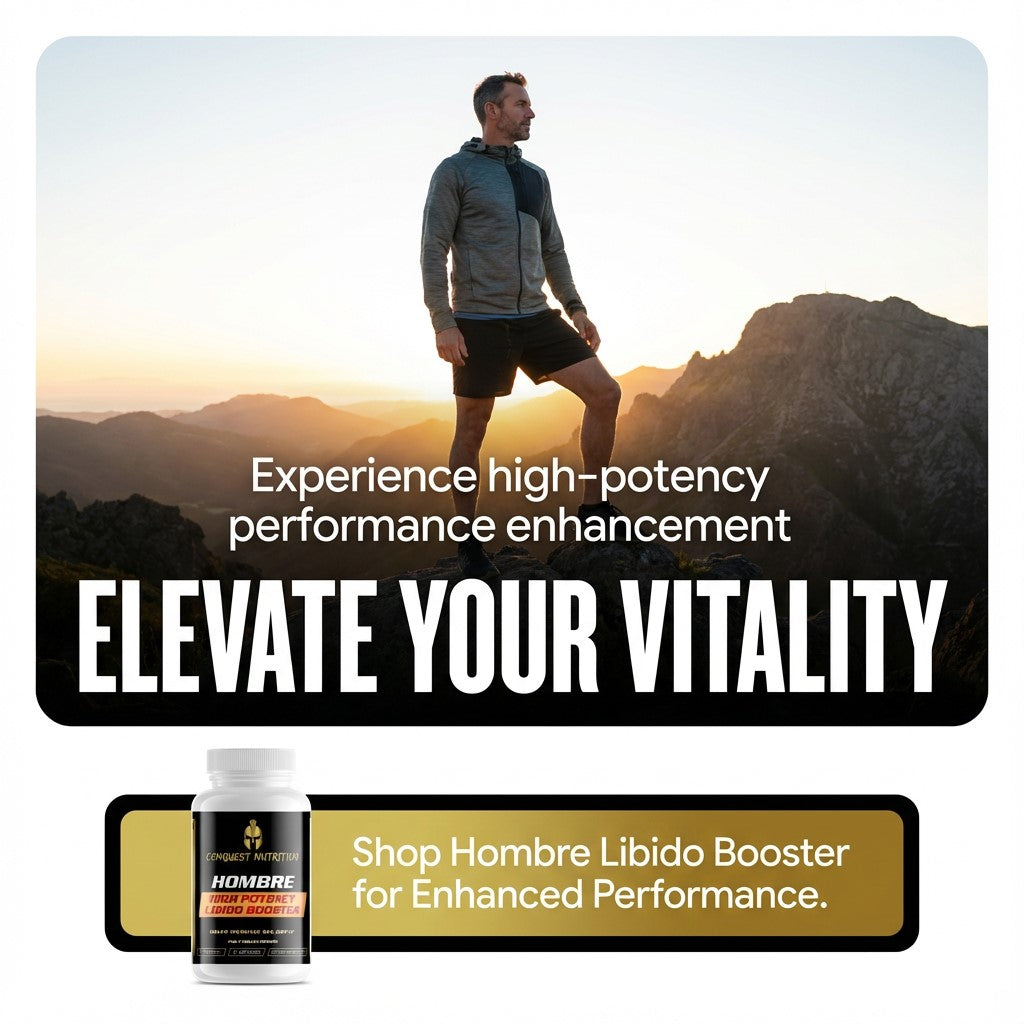 Man standing on a mountain with promotional text for Hombre Libido Booster supplement.