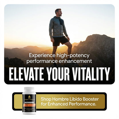 Man standing on a mountain with promotional text for Hombre Libido Booster supplement.