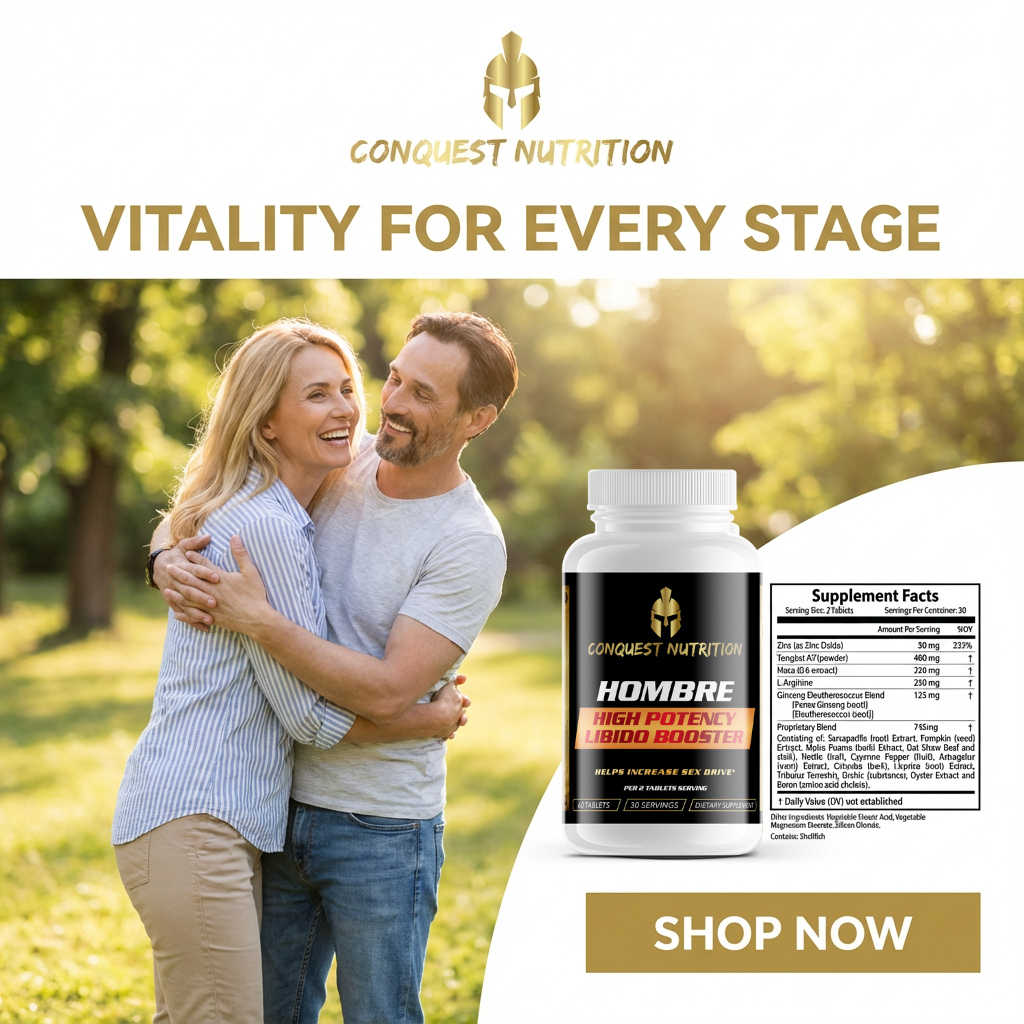 Couple embracing outdoors with Conquest Nutrition supplement bottle and text 'Vitality for Every Stage' on a white background.